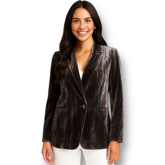 H&M Brown Velvet Single Breasted Blazer Jacket Old Money Dark Academia Womens 4 - Picture 1 of 9